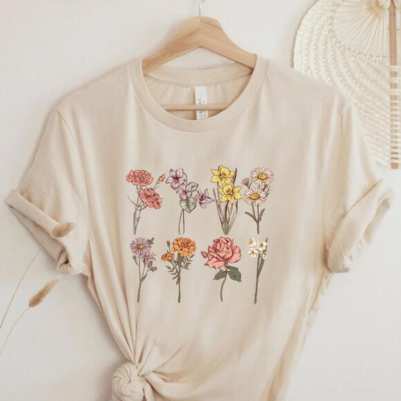 Tops - Custom Birth Month Flower Shirt, Cottagecore Mom T-Shirt